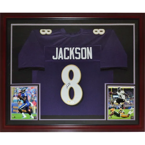 Lamar Jackson autographed purple Baltimore Ravens deluxe framed jersey #8