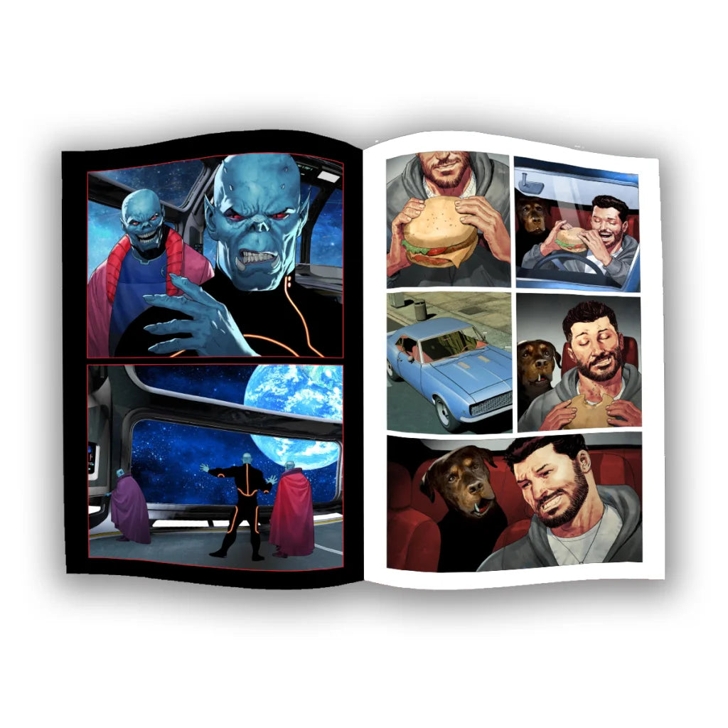 Lamour Supreme comic with green alien in blue black panels