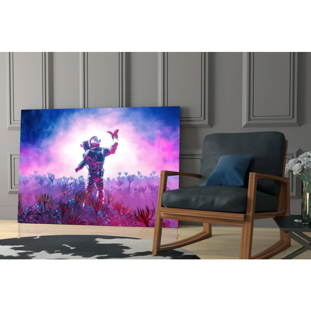 Vibrant astronaut butterfly glass wall art canvas print