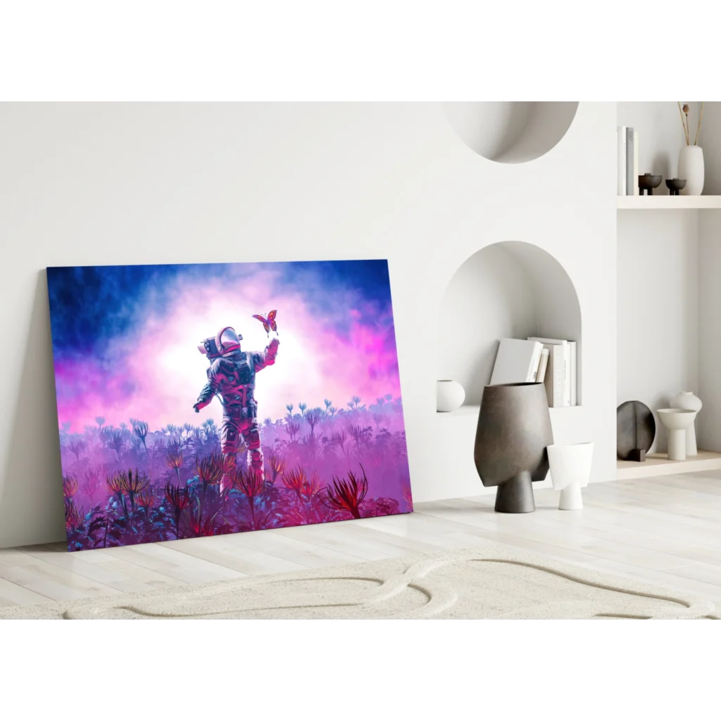 Astronaut butterfly glass wall art canvas print with vibrant surreal scene