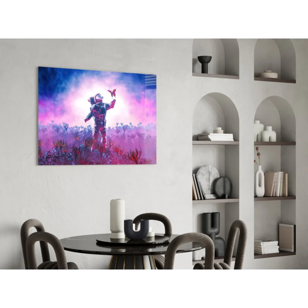 Vibrant astronaut with butterfly on glass wall art canvas print
