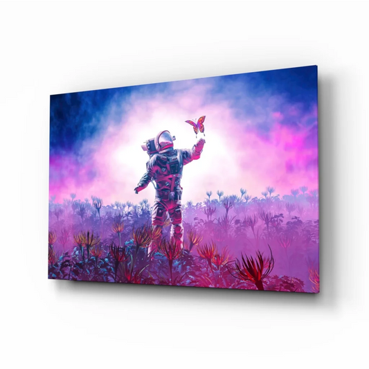 Vibrant astronaut reaching for butterfly in glass wall art print