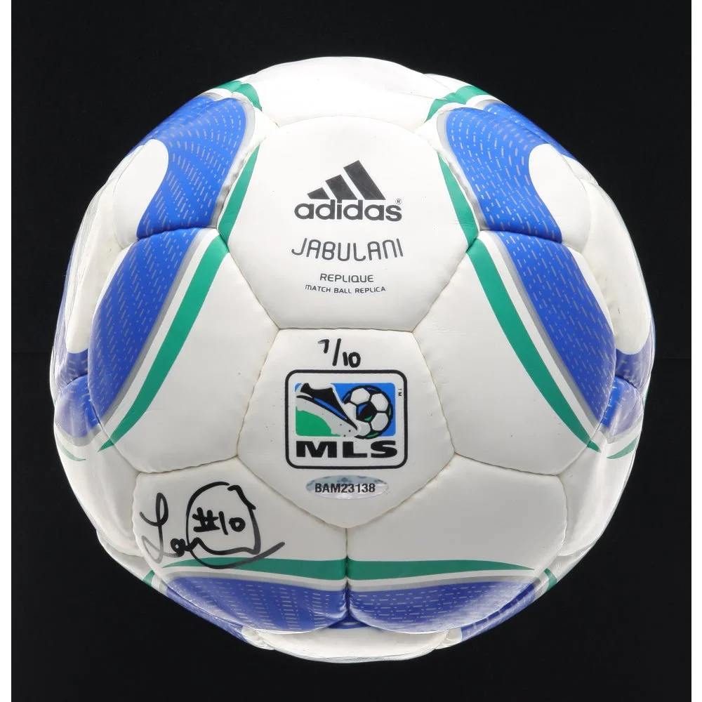 White and blue Adidas MLS Jabulani soccer ball signed by Landon Donovan