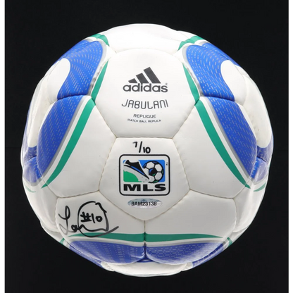 White and blue Adidas MLS Jabulani soccer ball signed by Landon Donovan