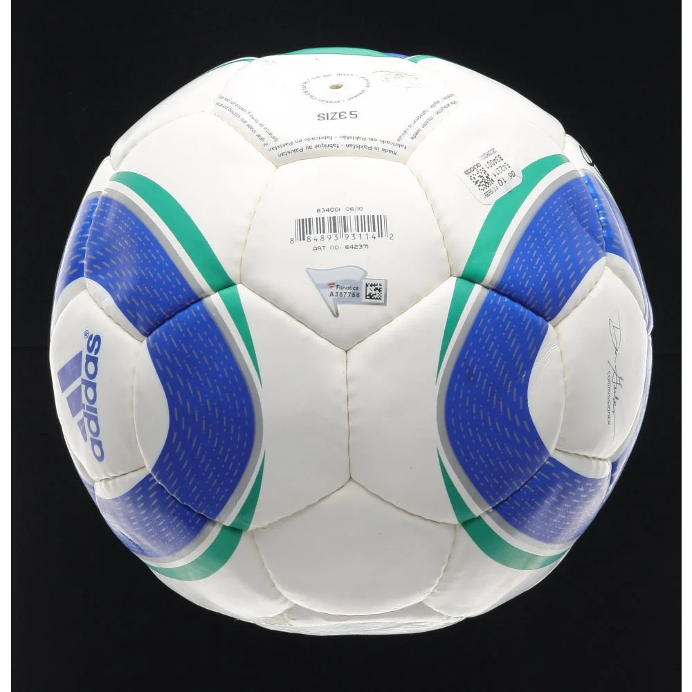 White and blue Adidas MLS Jabulani soccer ball with green accents signed by Landon Donovan