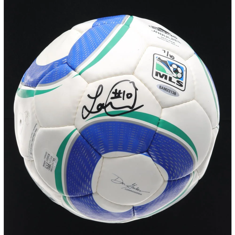 Autographed white, blue, green adidas MLS Jabulani soccer ball signed by Landon Donovan