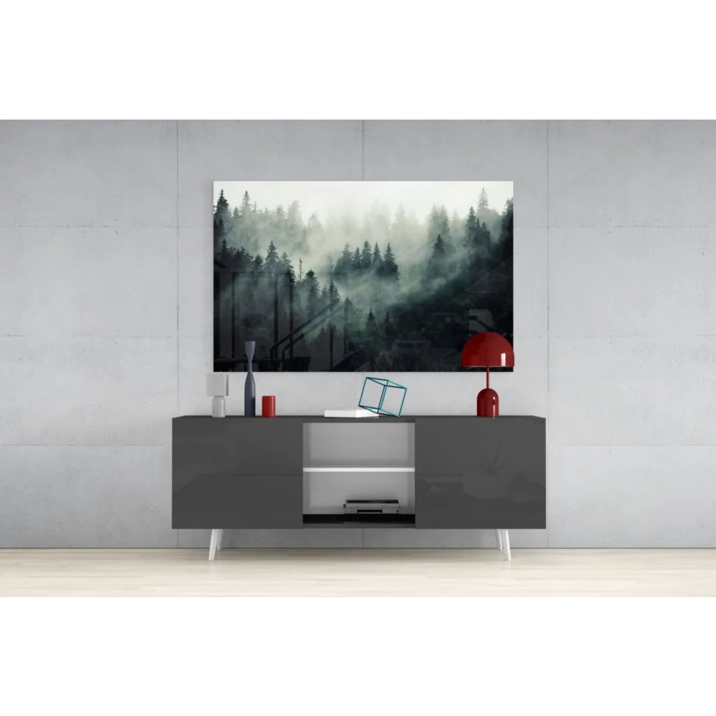 Misty forest glass wall art above modern gray console table