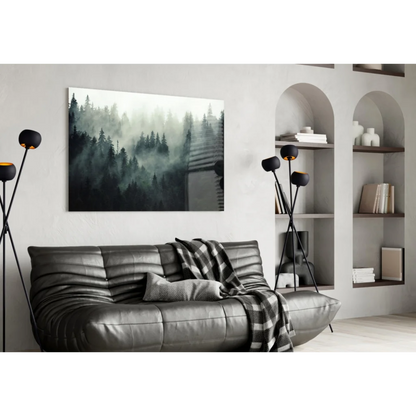 Black leather sofa with plaid throw near Misty Forest glass wall art