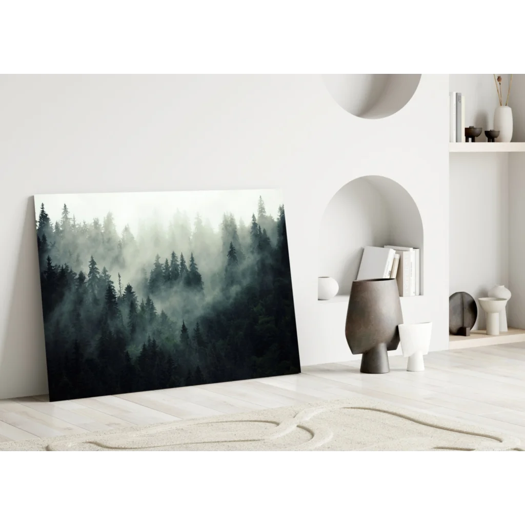 Misty forest glass wall art in dark green and gray on white wall
