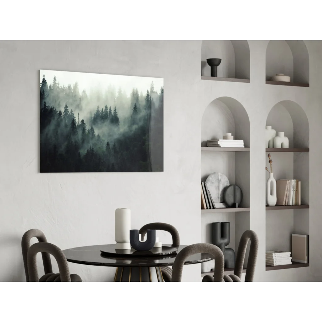 Misty forest glass wall art on white wall in dark green and gray
