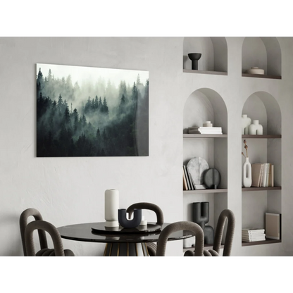 Misty forest glass wall art on white wall in dark green and gray