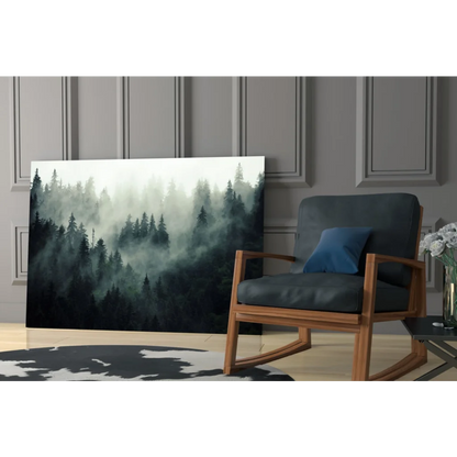 Misty forest glass wall art with misty scene in dark green tones on wall
