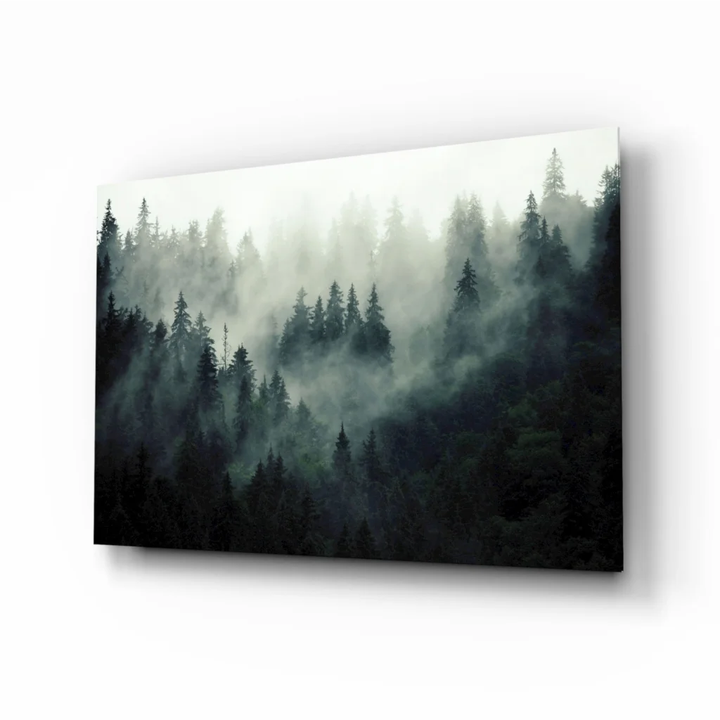 Misty forest glass wall art with foggy pines on canvas print