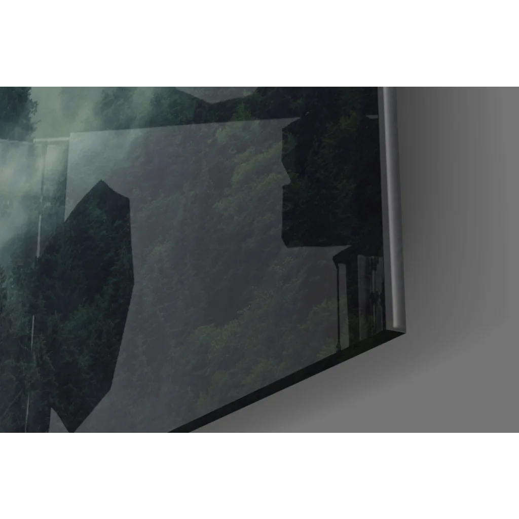 Misty forest glass wall art in framed misty landscape