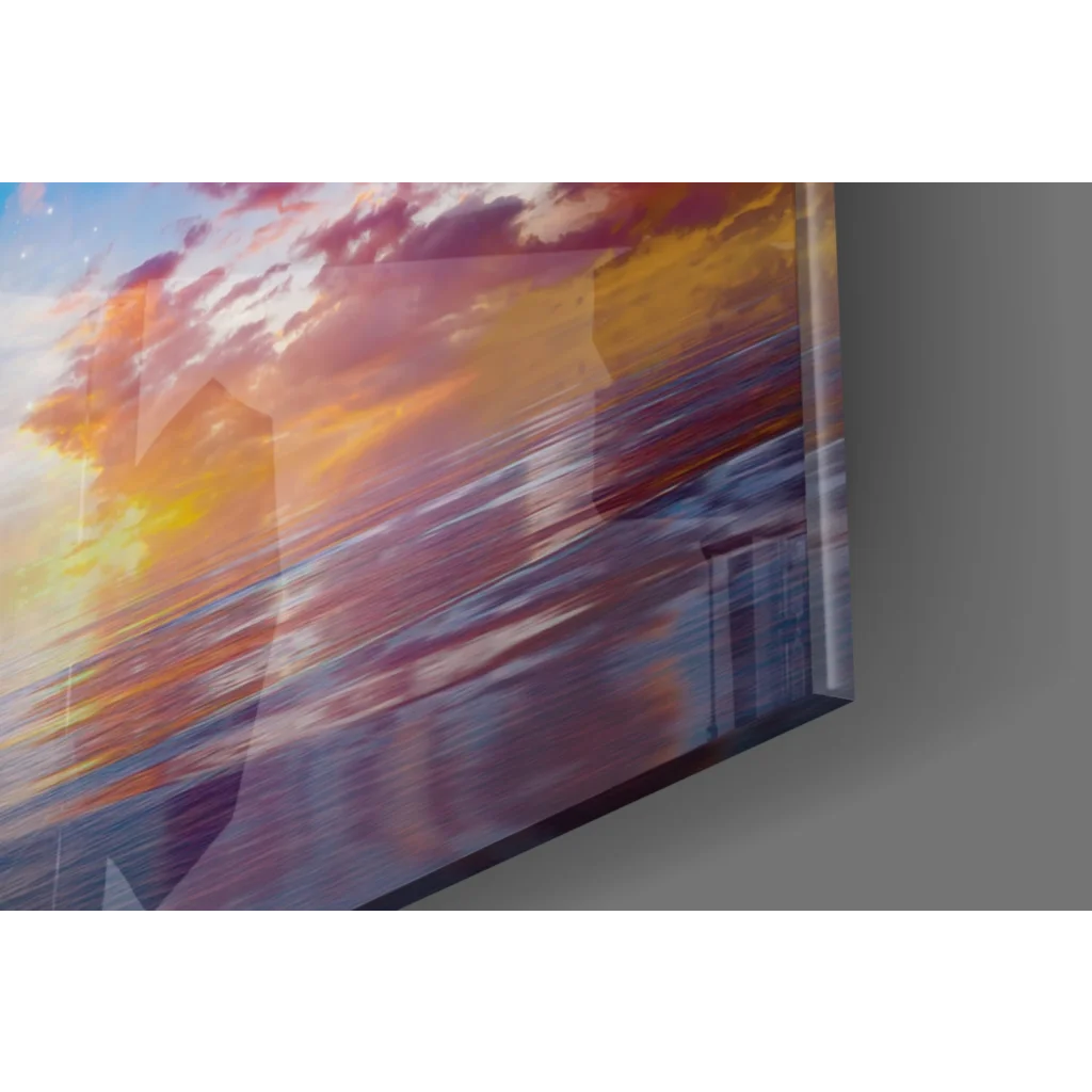 Vibrant sunset over water in dreamy hot air balloon starry sky glass wall art