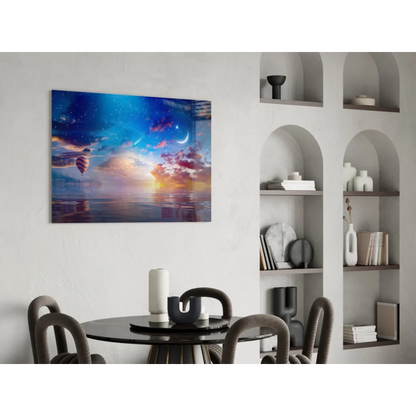 Vibrant hot air balloon starry sky wall art canvas print with moon reflection