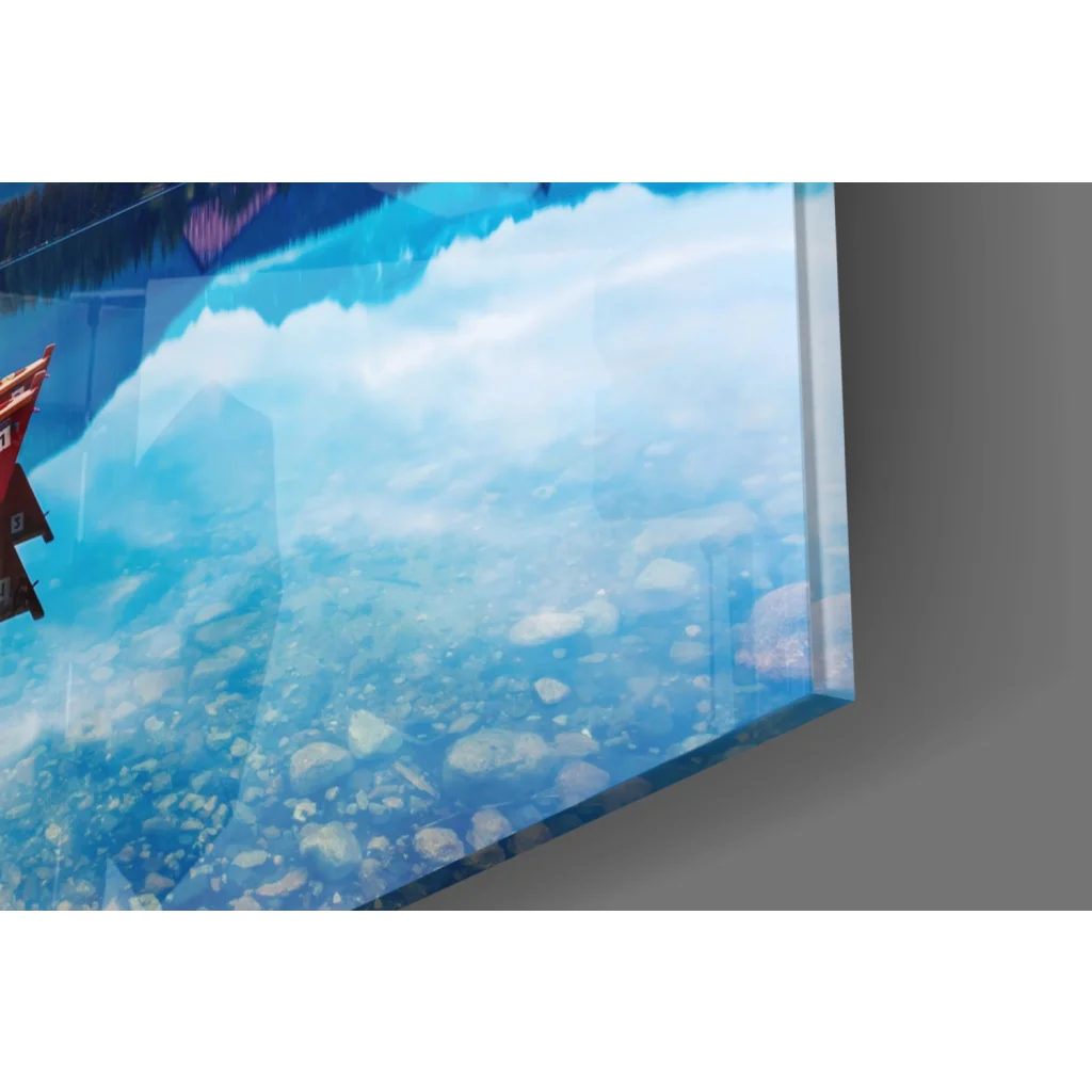 Vibrant sunset lake glass wall art with red boats and blue mountains