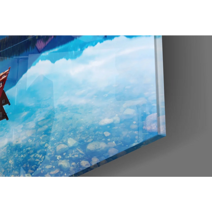 Vibrant sunset lake glass wall art with red boats and blue mountains