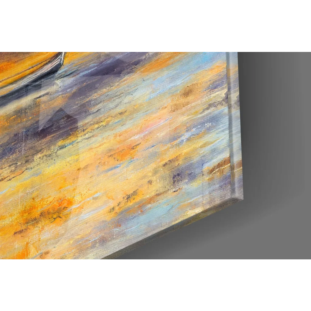 Stunning sunset wall art canvas with boats, golden skies, bold yellow orange blue strokes