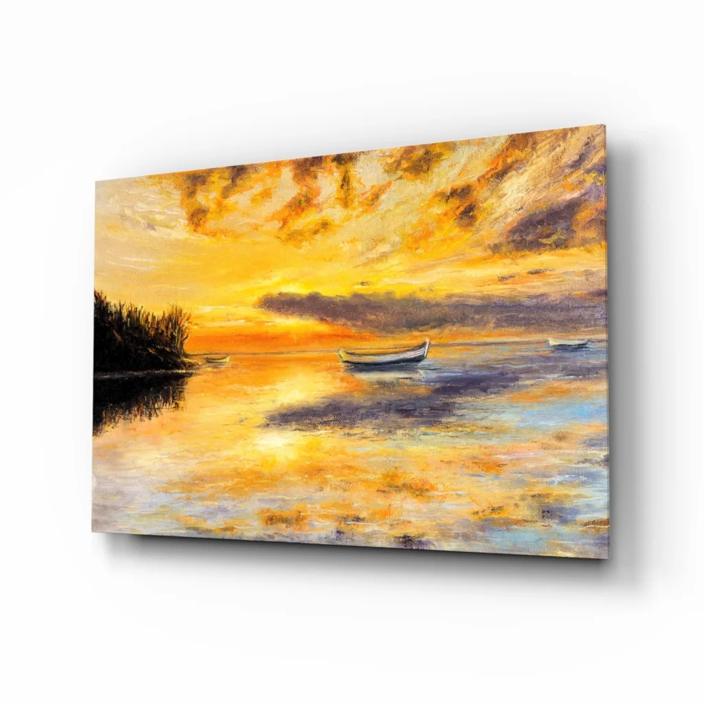 Vibrant sunset wall art canvas with boats and golden skies