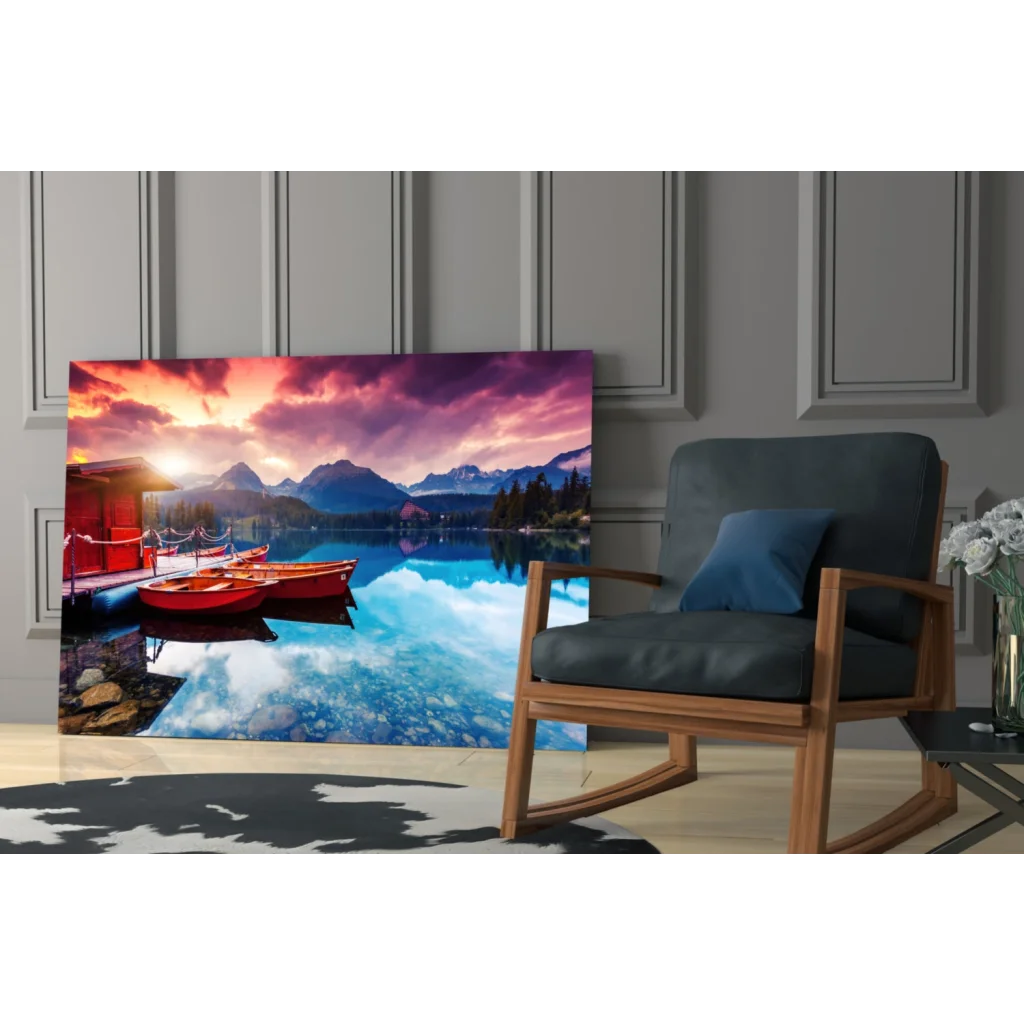 Vibrant sunset lake glass wall art with red boats and mountains