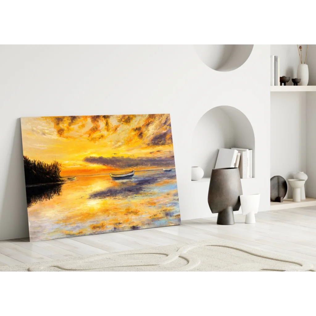 Vibrant sunset wall art canvas with boat on golden reflective water