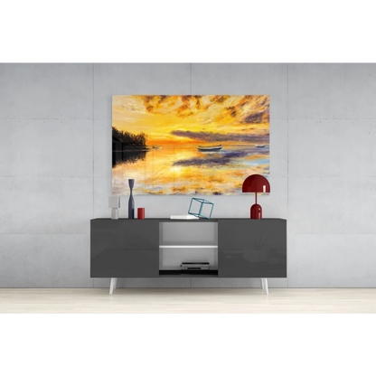 Vibrant sunset canvas wall art with lone boat on reflective water