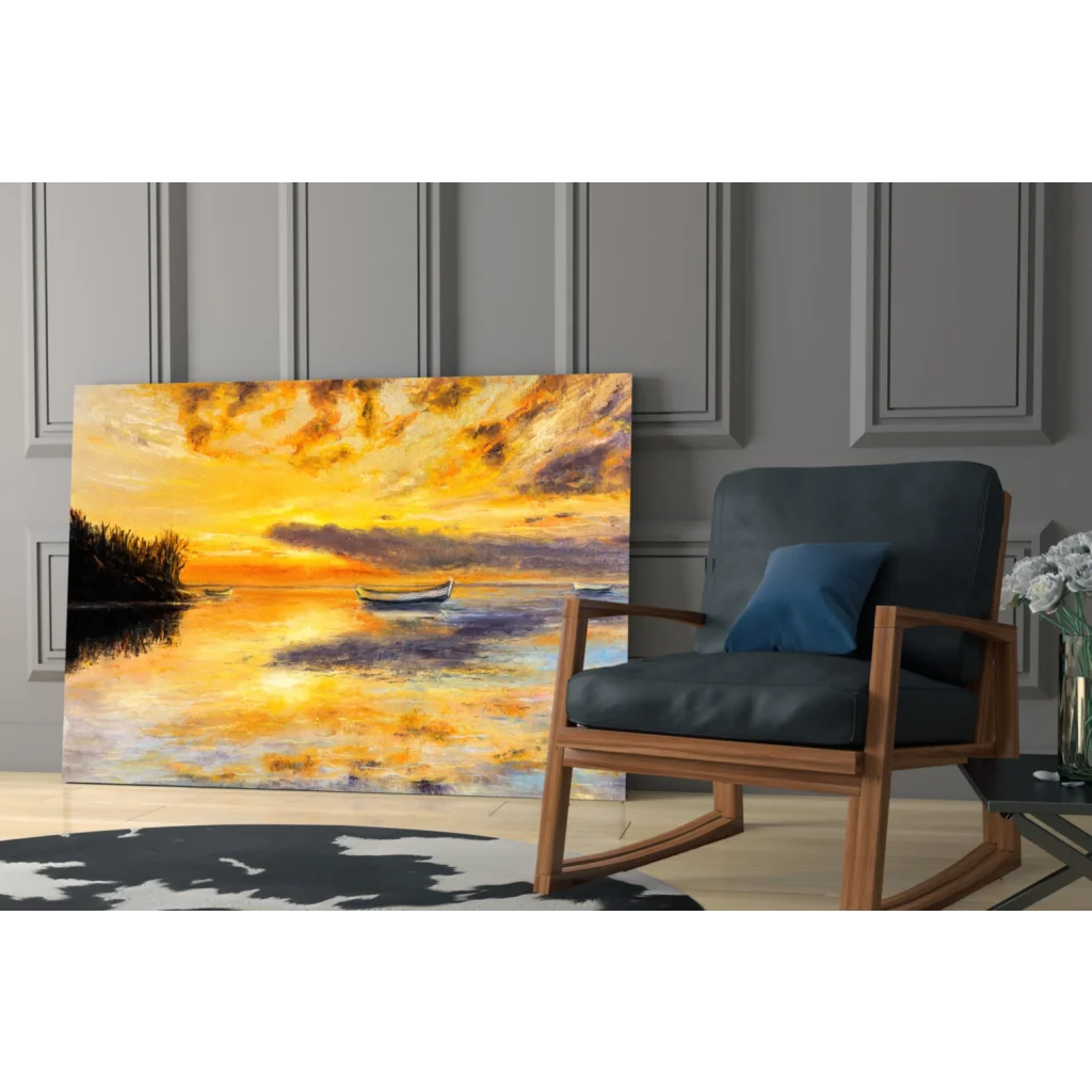 Vibrant sunset canvas wall art with golden hues, boat, and dramatic skies