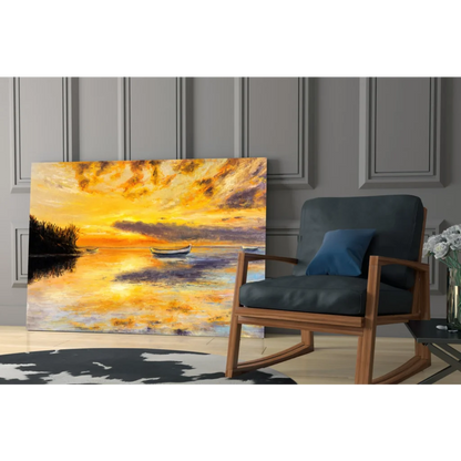 Vibrant sunset canvas wall art with golden hues, boat, and dramatic skies