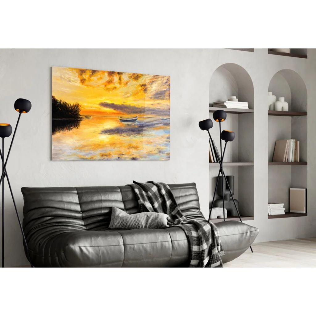 Vibrant sunset wall art with boat on calm waters in modern room