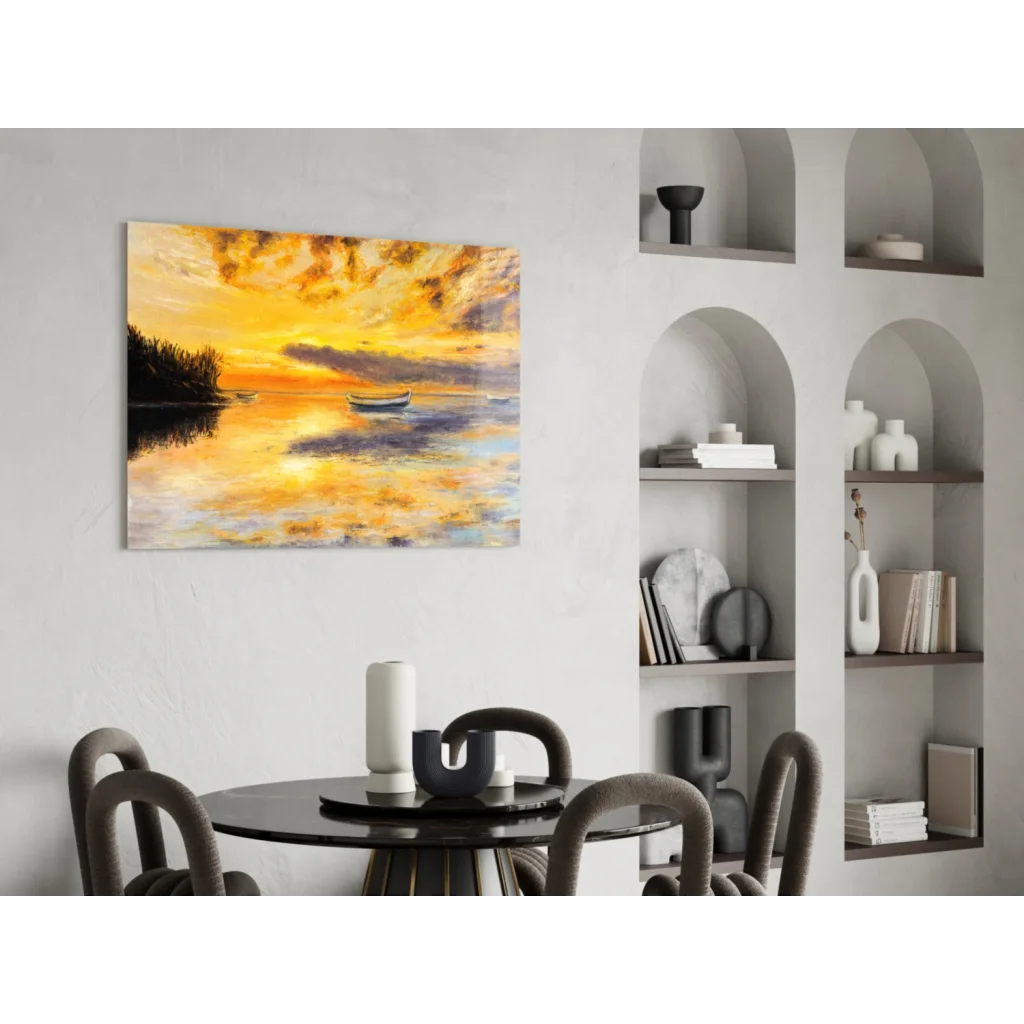 Vibrant yellow orange sunset glass wall art with boat on calm water