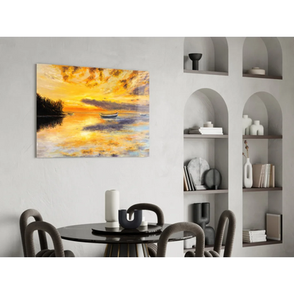 Vibrant yellow orange sunset glass wall art with boat on calm water