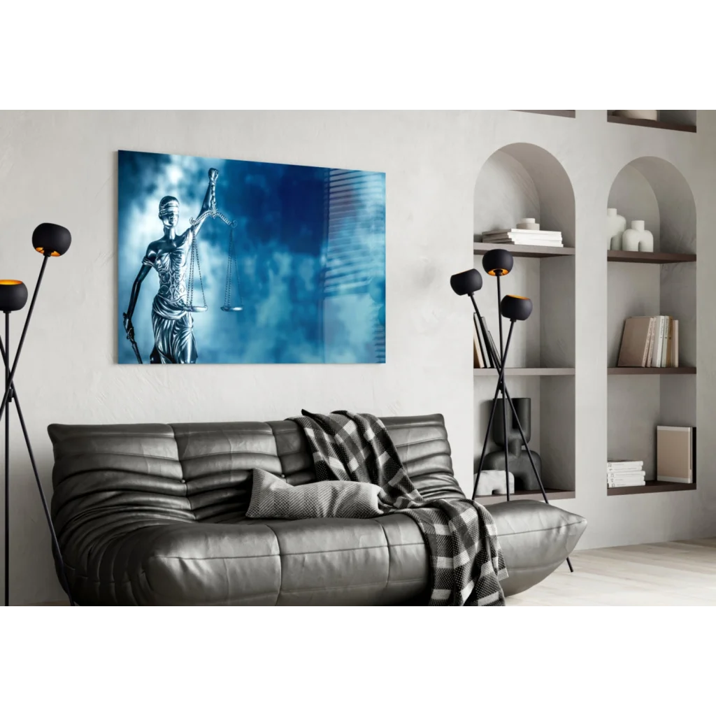Stunning Blue Lady Justice Glass Wall Art with Metallic Finish | Contemporary Home Wall Art | vintageantiquesgifts.com