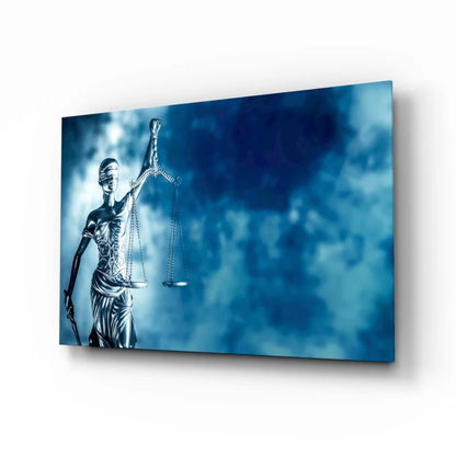 Stunning Blue Lady Justice Glass Wall Art with Metallic Finish | Insigneart USA | vintageantiquesgifts.com