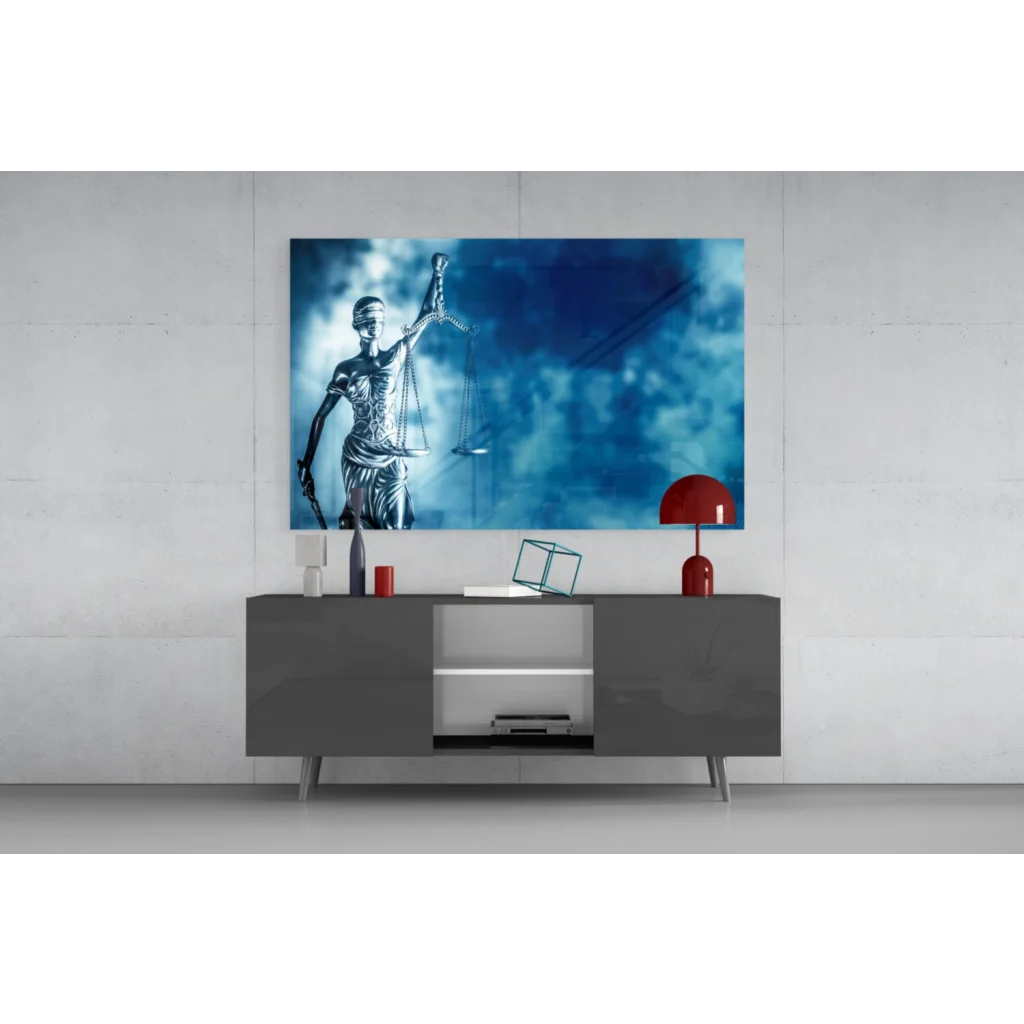 Stunning blue Lady Justice glass wall art with metallic finish