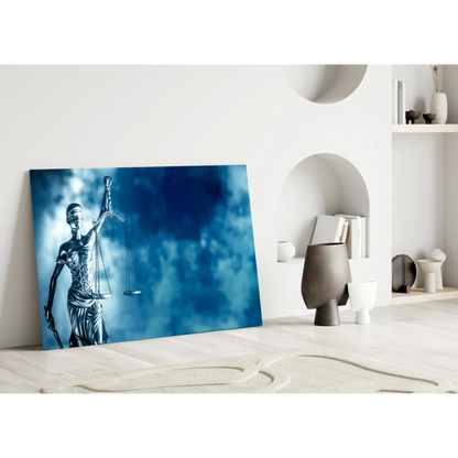 Stunning Blue Lady Justice Glass Wall Art with Metallic Finish | Modern Wall Art Decor | vintageantiquesgifts.com