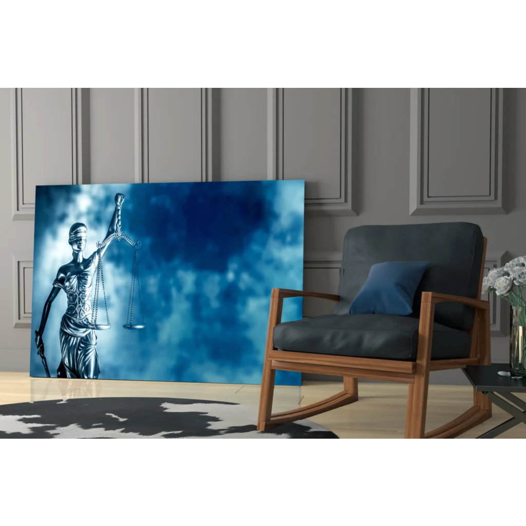 Stunning blue Lady Justice glass wall art with metallic finish