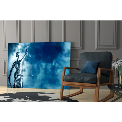 Stunning blue Lady Justice glass wall art with metallic finish