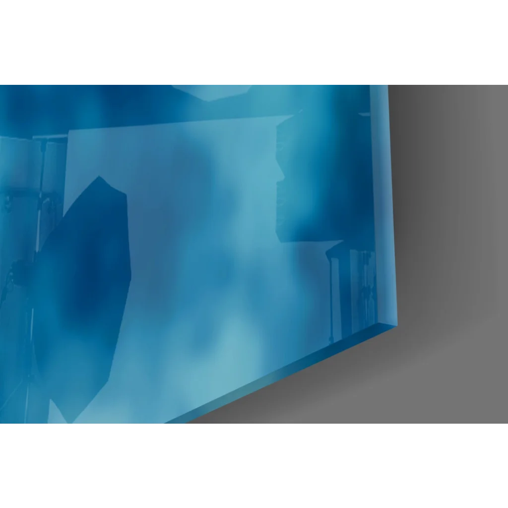 Stunning blue Lady Justice glass wall art with angular design