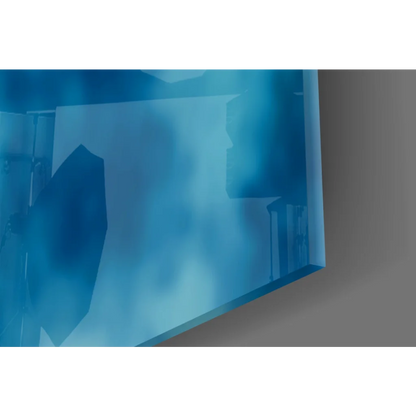 Stunning blue Lady Justice glass wall art with angular design