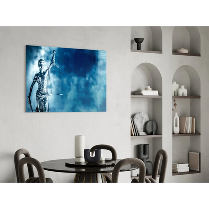 Blue Lady Justice glass wall art with scales and sword