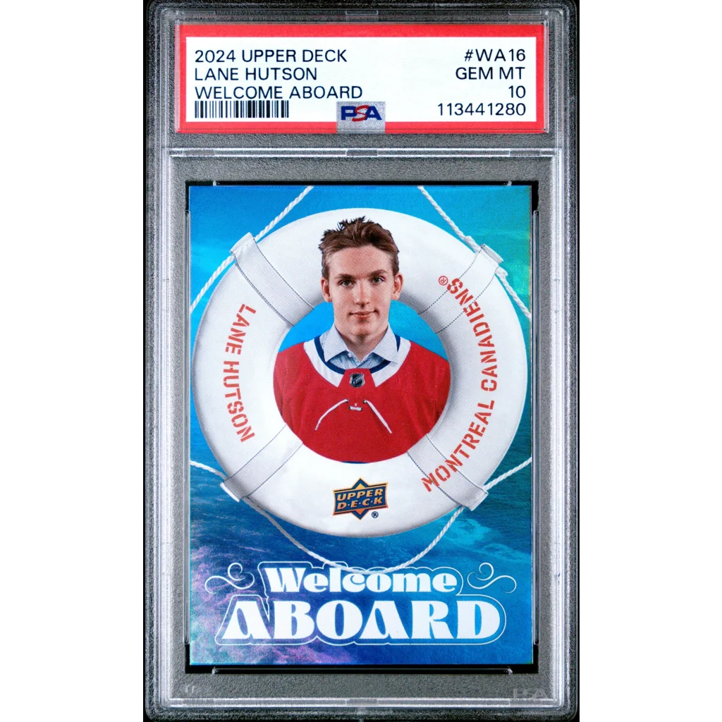 Gem Mint PSA 10 Lane Hutson 2024 Upper Deck Series 2 Hockey Card in Blue Life Preserver Design