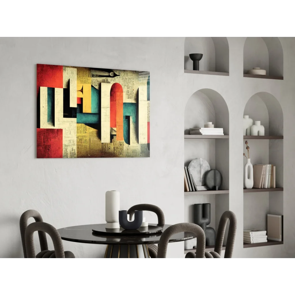Vibrant glass wall art with red, teal, cream geometric shapes on textured newspaper