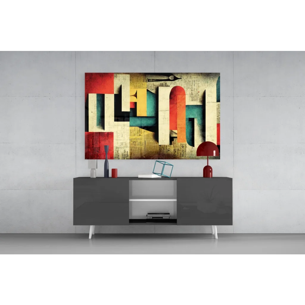 Abstract red teal cream geometric glass wall art on vintage newspaper texture