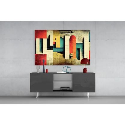 Abstract red teal cream geometric glass wall art on vintage newspaper texture