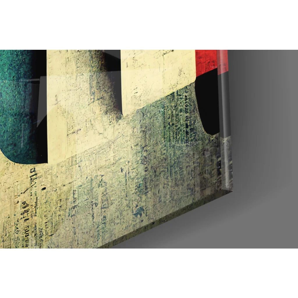 Stunning glass wall art with abstract mixed-media textures in teal and red
