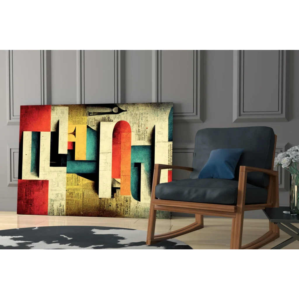 Vibrant glass wall art with red, teal, yellow geometric shapes on textured newspaper background