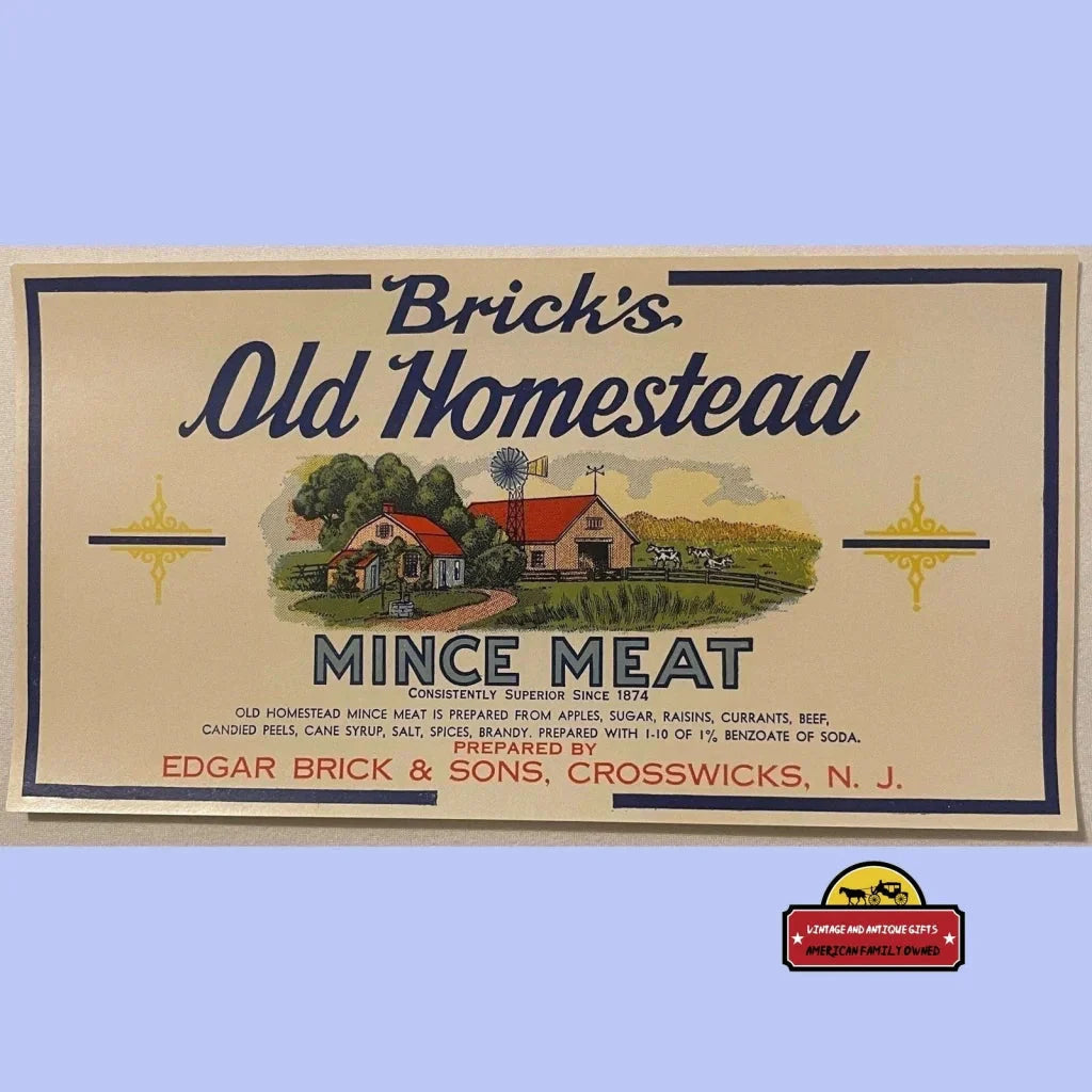 Large 1910s Antique Vintage Homestead Mince Meat Label - Farm Scene Decor! Advertisements - Decor Prohibition Era Charm!