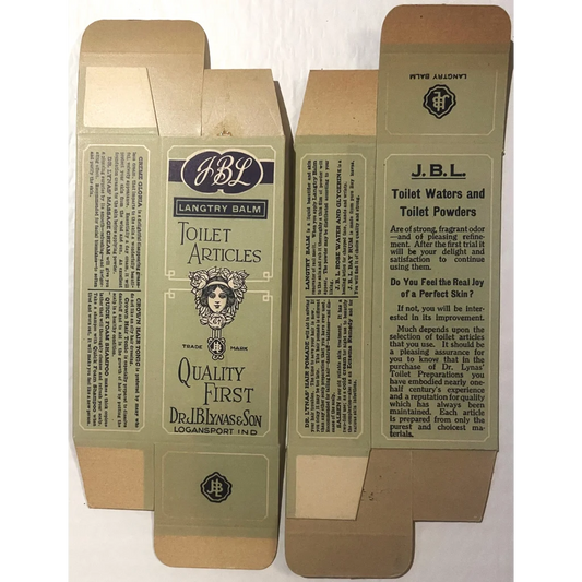 Rare 1920s JBL Toilet Articles Box showcasing vintage packaging from Logansport Indiana