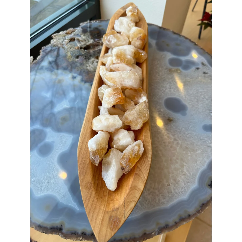 Large citrine raw crystals from Brazil in wooden boat dish